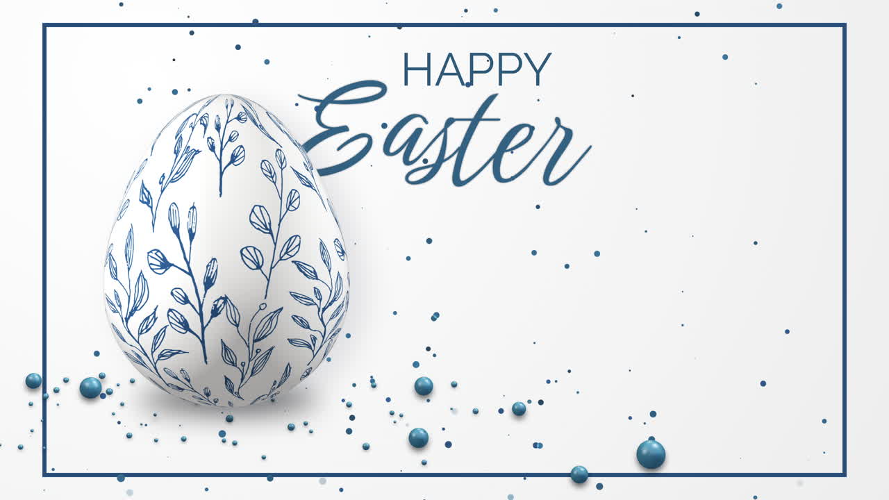 White background with realistic 3D models of Easter egg with painted patterns. Looped spring animation with falling blue balls and confetti. Happy Easter.