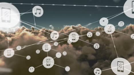 Animation-of-networks-of-connections-with-icons-over-sky