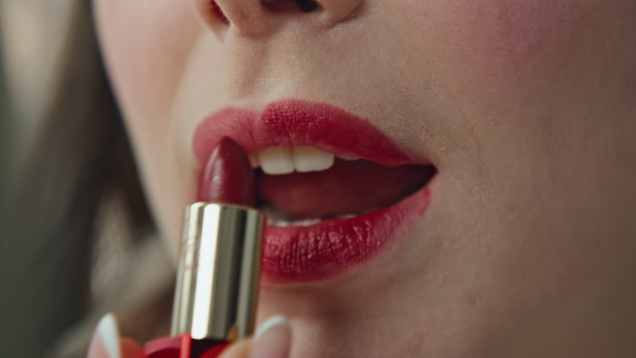 aplicando lápiz labial rojo