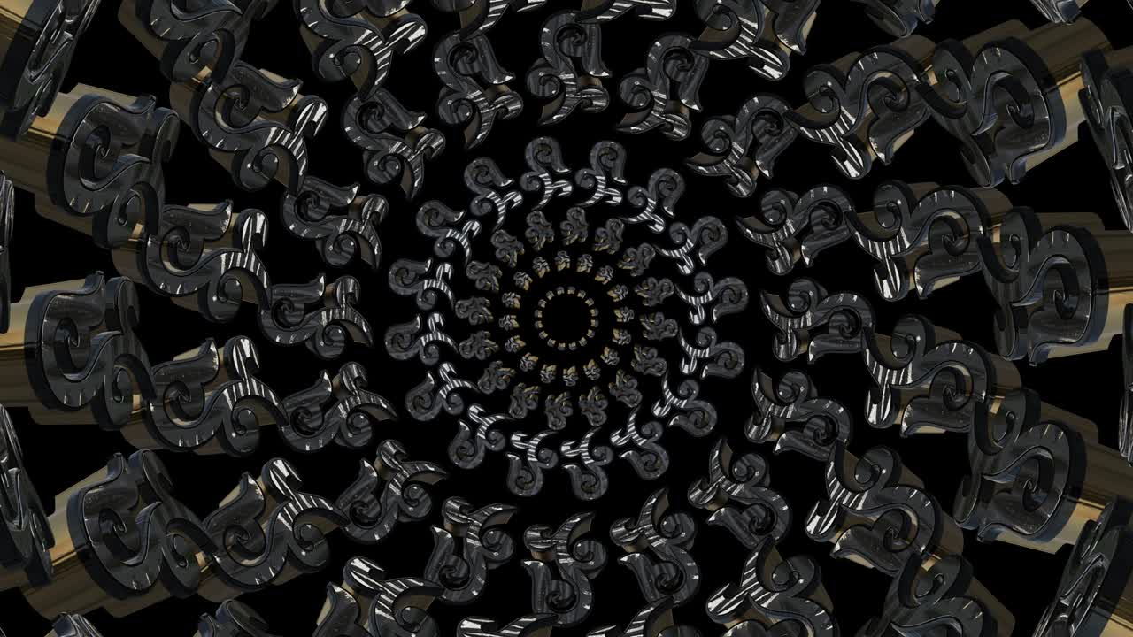 Russian pattern. 3D shapes laid out in circles. Gold and silver. Slowly float in from the center. 3D kaleidoscope.