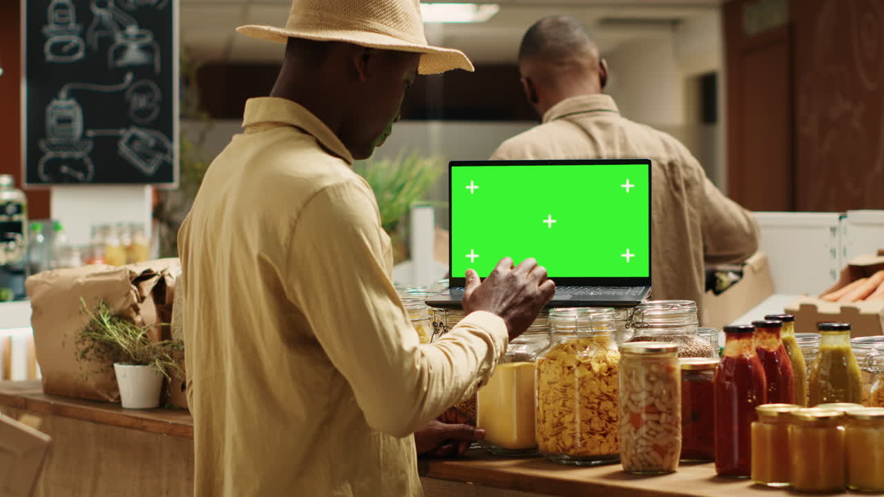 cliente mirando productos orgánicos en frascos reciclables junto a la pantalla verde