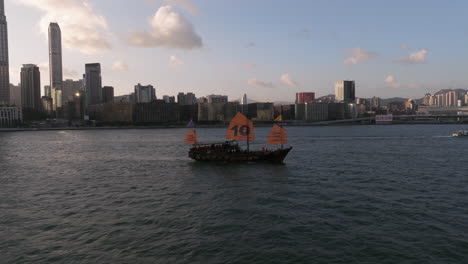 Réplica-Del-Barco-Chatarra-Aqua-Luna,-Vistas-Aéreas-Del-Horizonte-De-La-Ciudad-De-Hong-Kong-Y-El-Puerto-De-Victoria