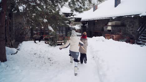 Little kids playing outdoors. Active leisure with children in winter on cold days