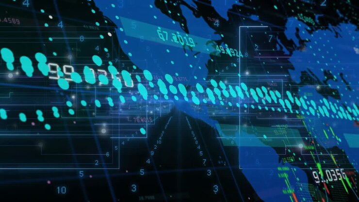 Central light rising starting advance teal ovals flowing map sliding readouts updating showing data
