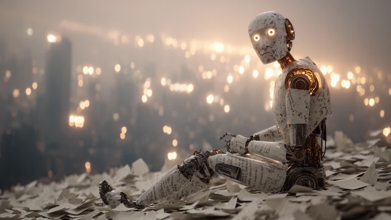 A lonely, illuminated robotic figure sits amidst a sea of scattered papers, overlooking a blurred city landscape filled with soft glimmers of distant lights in a contemplative moment