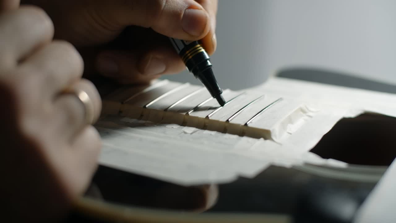 Close-up of guitar fretboard repair