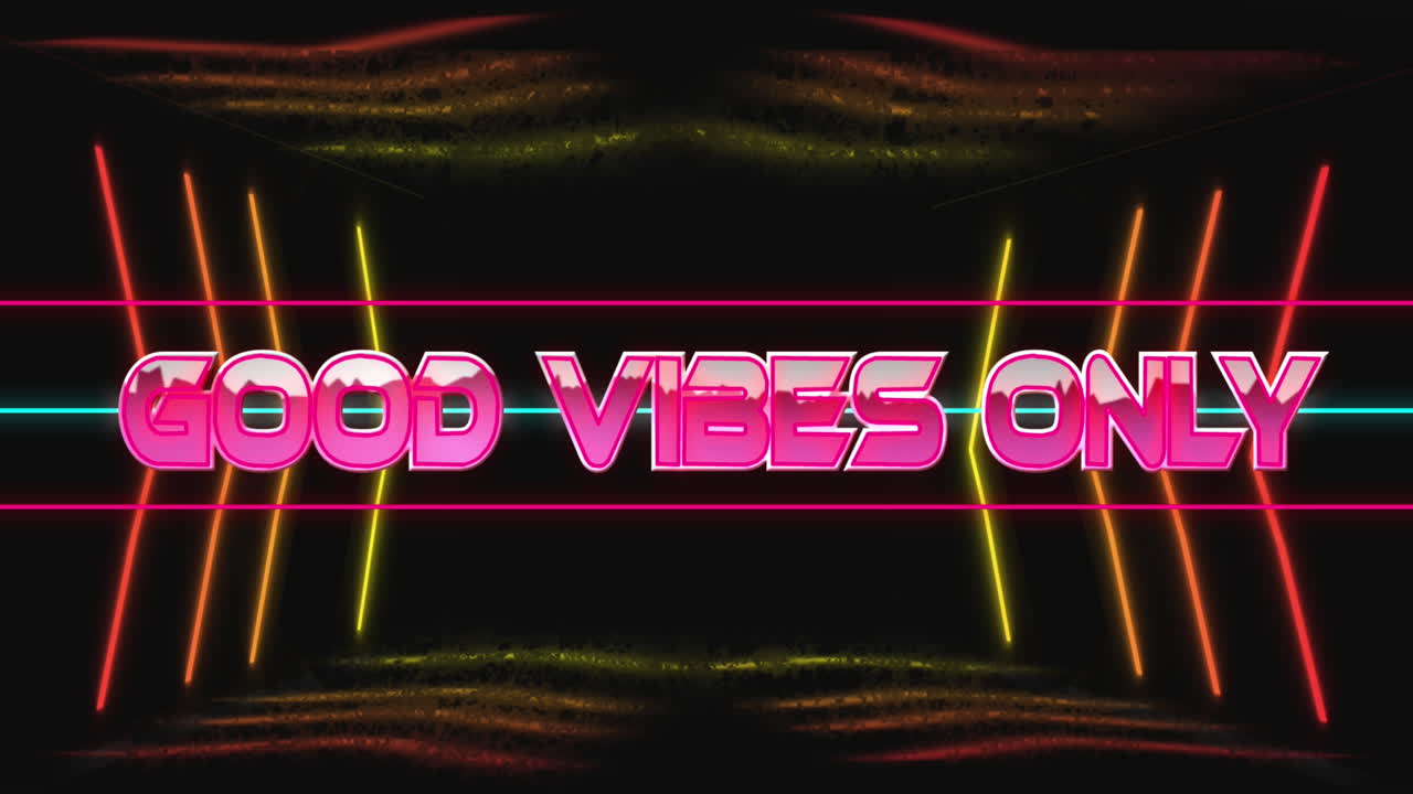 animación de buenas vibraciones sólo texto entre líneas sobre flechas y patrón abstracto en el fondo