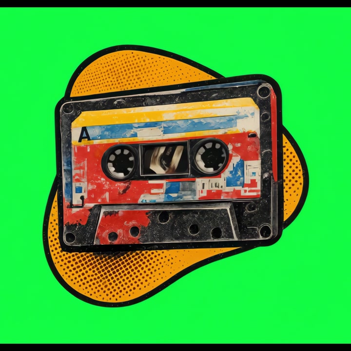Audiocassetta vintage in rotazione su sfondo verde