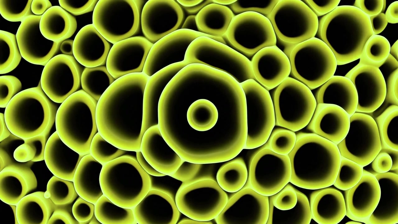 Animazione 3D astratta di strutture cellulari gialle luminose
