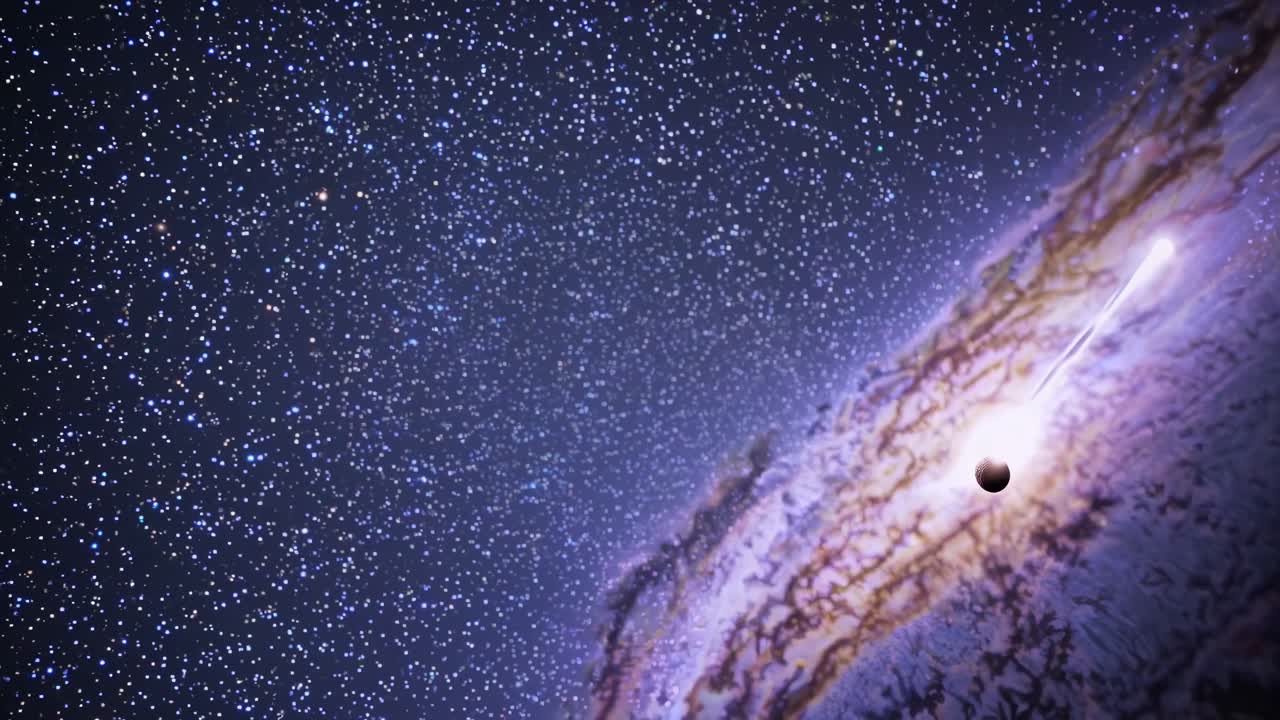 Una escena de vídeo cósmica con una vista de gran angular de una galaxia, que muestra un cometa brillante y distante