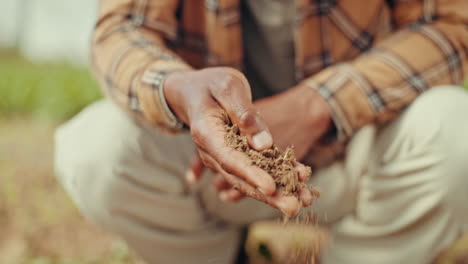 farm, hands and closeup of man with soil