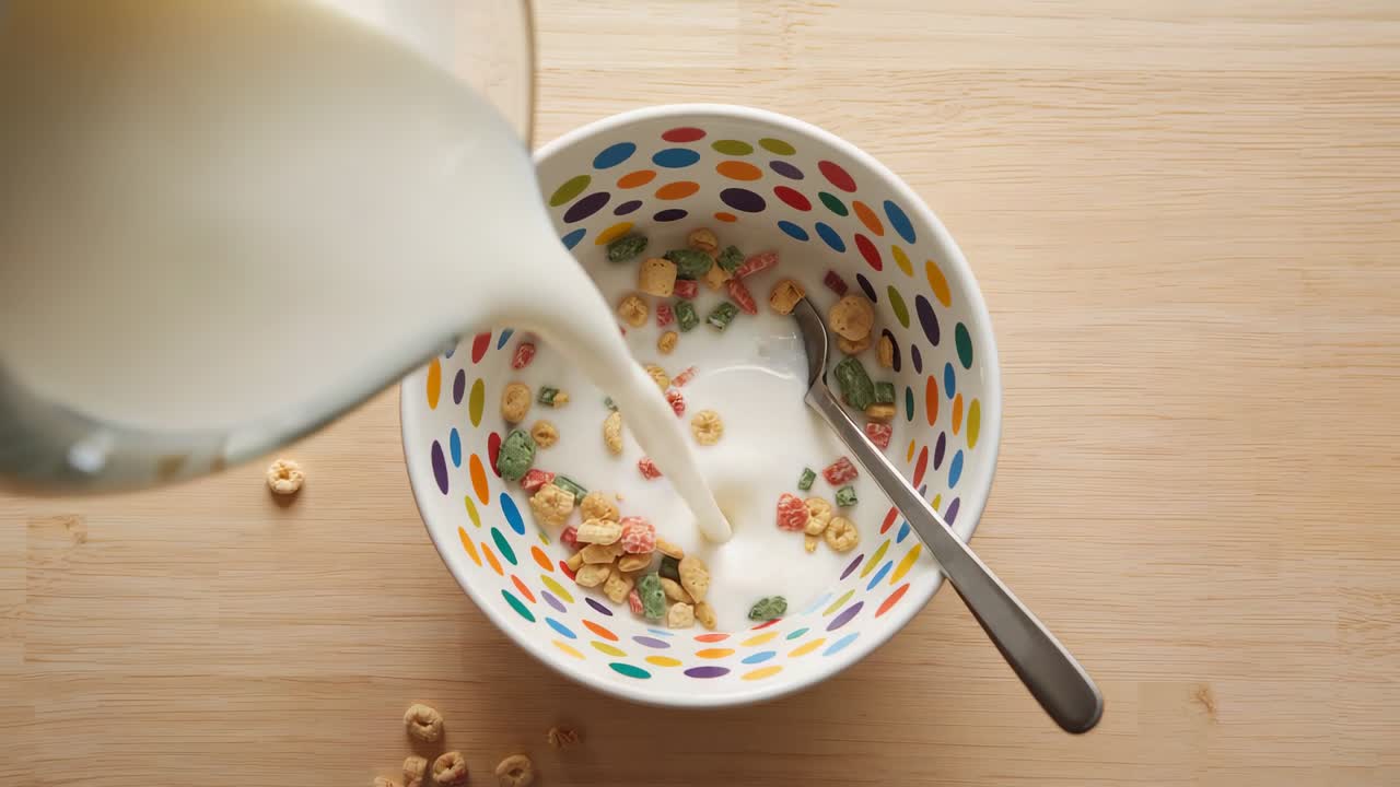 Immagine di una caraffa mentre versa latte in una ciotola a pois su un bancone di legno, con un cucchiaio che prepara i cereali