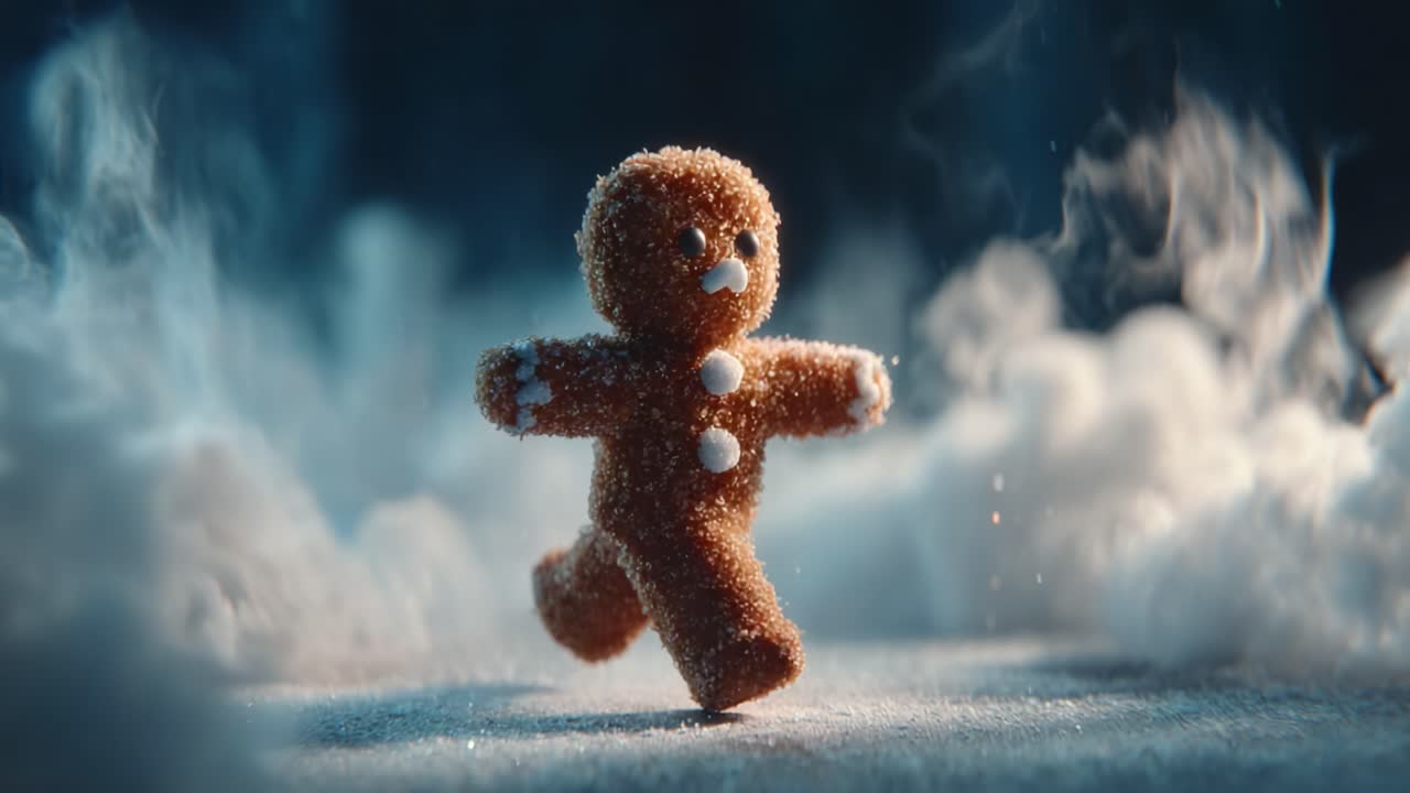A whimsical gingerbread cookie embodies the spirit of joy and playfulness as it navigates through a mystical fog-filled environment in this enchanting visual tale
