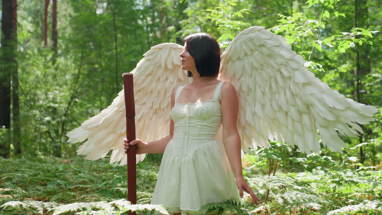 Actress dressed in angel costume with large white wings and wooden staff standing in lush green forest observing surroundings with calm expression under sunlight symbolizing purity