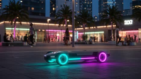 Futuristic Electric Vehicle with Neon Lights Captures Nighttime Urban Vibes in a Lively Atmosphere Showcasing Modern Design and Technology