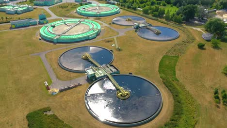 aerial view of modern water cleaning facility at urban wastewater treatment plant