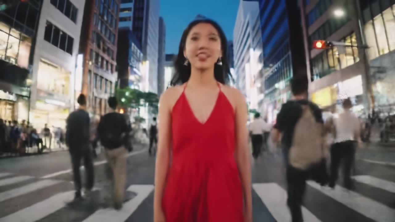 A woman wearing a vibrant red dress confidently crosses a bustling urban intersection during twilight. The lively environment features numerous pedestrians and bright city lights.