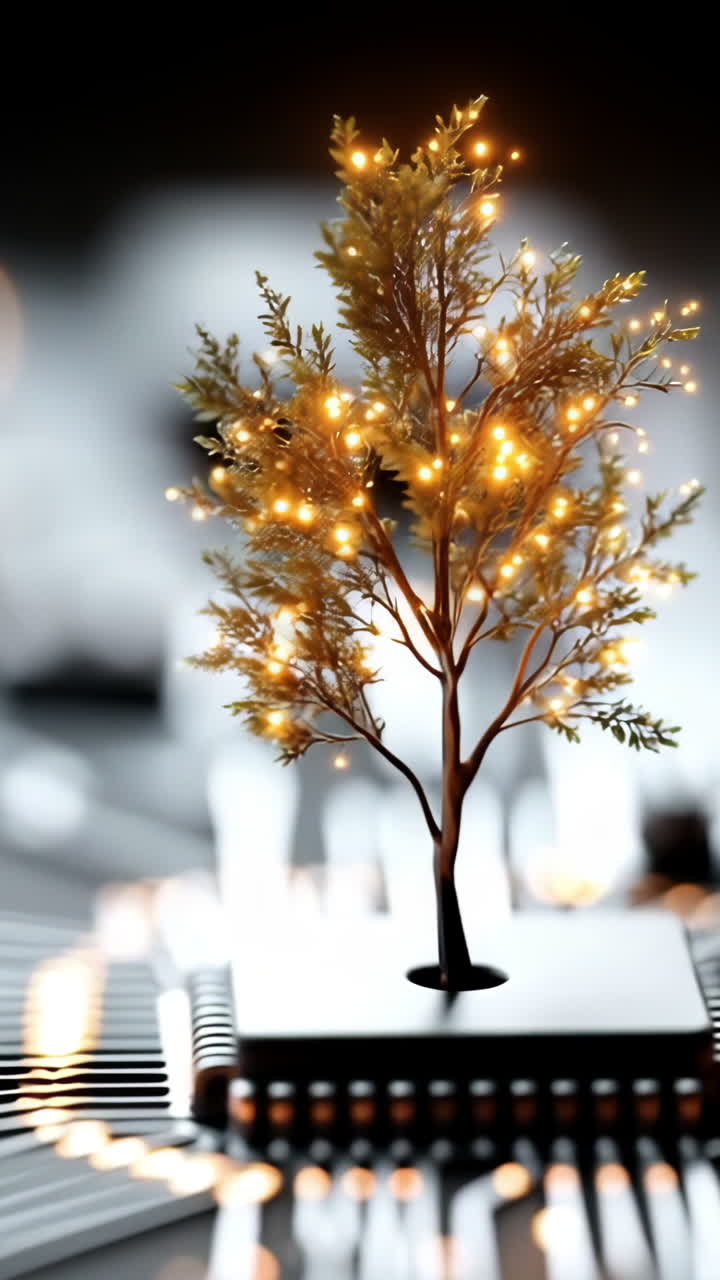 Artificial tree growing on circuit board. A small tree with glowing lights emerges from a computer circuit board, showcasing the blend of nature and technology.