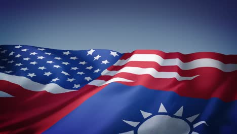 animation of waving combined flag of united states and taiwan with blue background