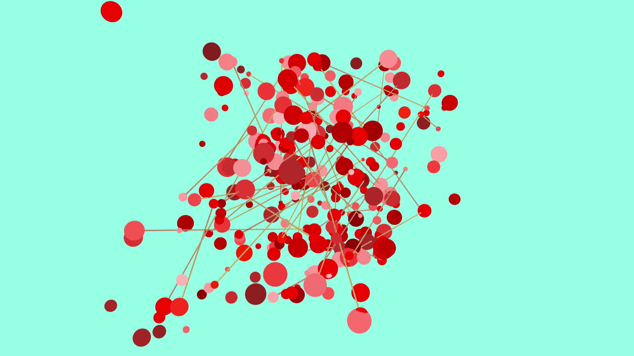 Abstract network of red nodes and connecting lines on turquoise background footage
