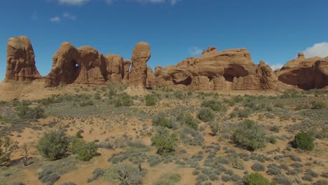 desert rock formation fly over near moab utah national park