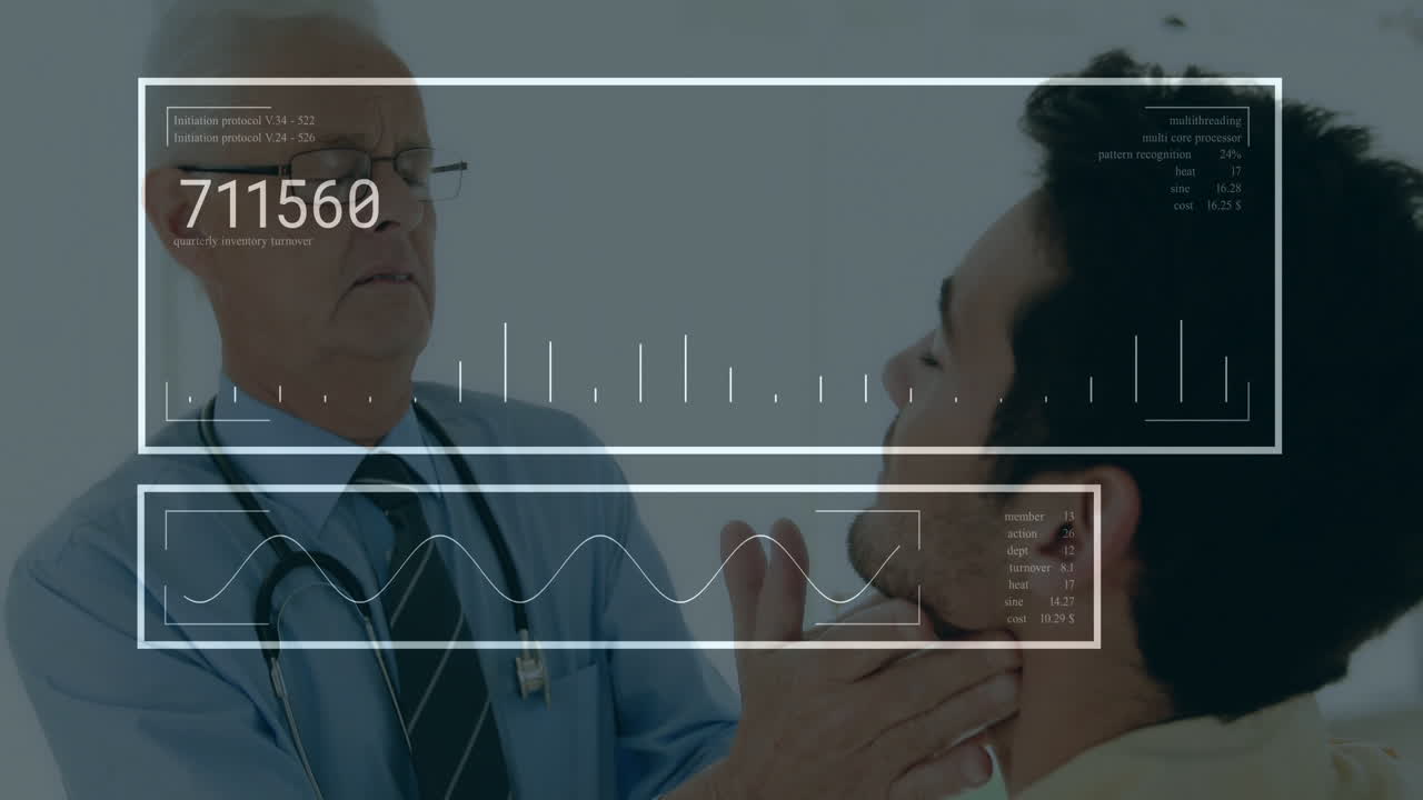 Examining patient's throat, doctor reviewing medical data overlay in hospital room