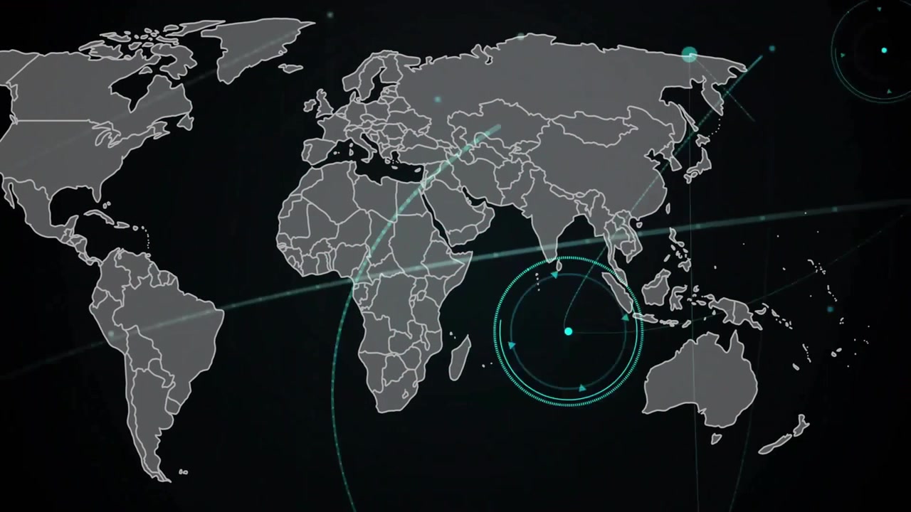 Animated World Map with Global Network Connections and Digital Light Rays