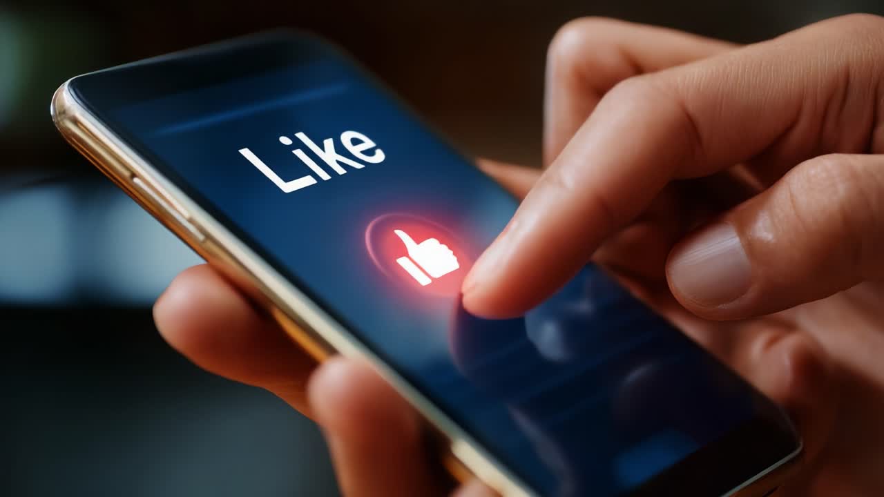 Engaging with Digital Content: A Close-Up of a Hand Tapping the 'Like' Button on a Smartphone Screen, Highlighting Social Interaction and User Engagement in Online Environments