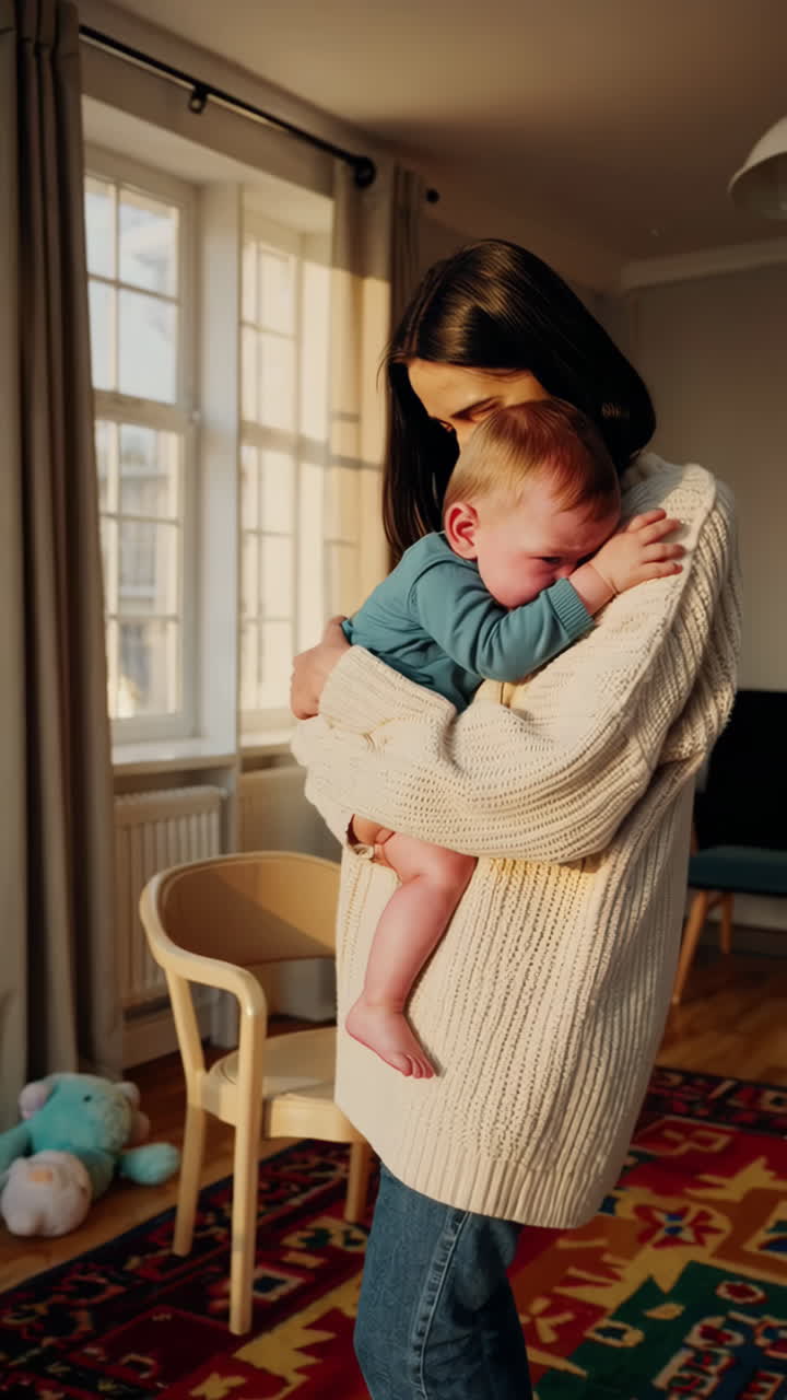 A mother comforts her crying baby at home