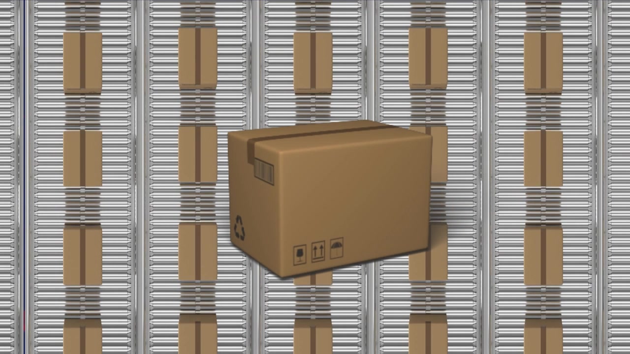 Animation of cardboard box over high angle view of moving cardboard boxes on conveyor belt