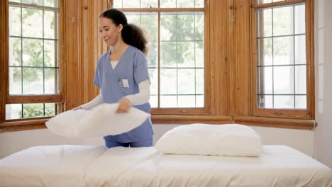 assisted living, nurse and a woman cleaning