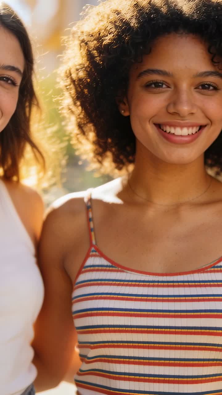 Vídeo vertical: Mulher sorridente à direita inclinando a cabeça, posando para a câmera numa rua ensolarada, de regata listrada.