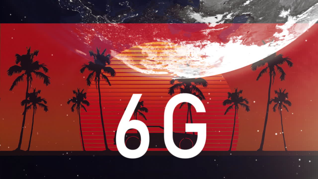 Animation of 6G text with tropical sunset, palm trees, and abstract globe