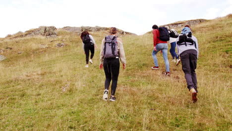 A-multi-ethnic-group-of-young-adult-friends-climbing-a-hill-during-a-mountain-hike,-back-view