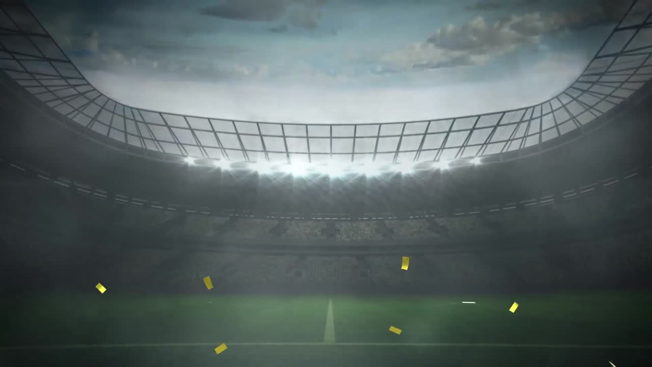 animación de confeti de oro cayendo sobre el estadio deportivo