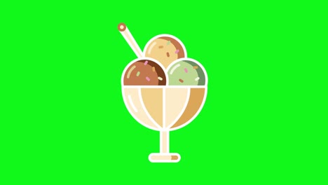 4k video de dibujos animados tres bolas de helado en fondo verde.