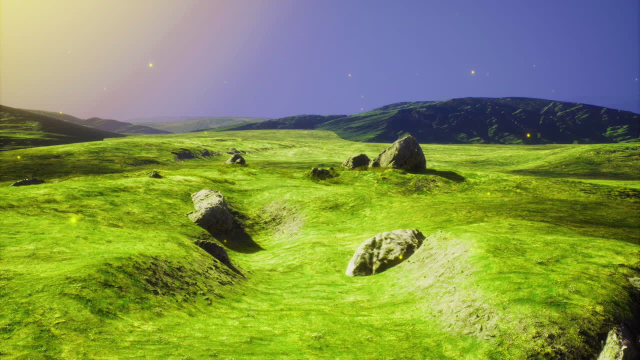Vibrant green landscape with rocky formations under a serene sky
