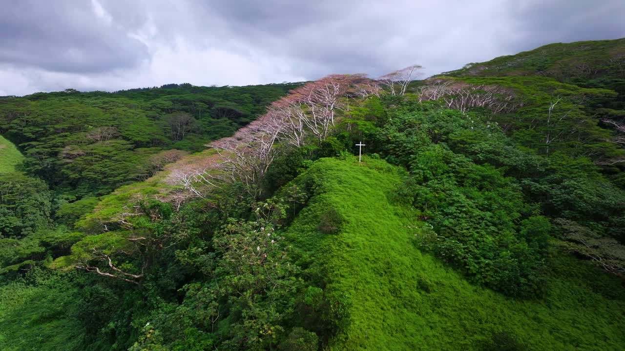 Papeno'o church White cross Jesus Christ Catholic Christian religion Tiarei Papeete Teahupoo Tahiti dormant volcano mountainside French Polynesia aerial drone lush dense jungle forest forward pan up