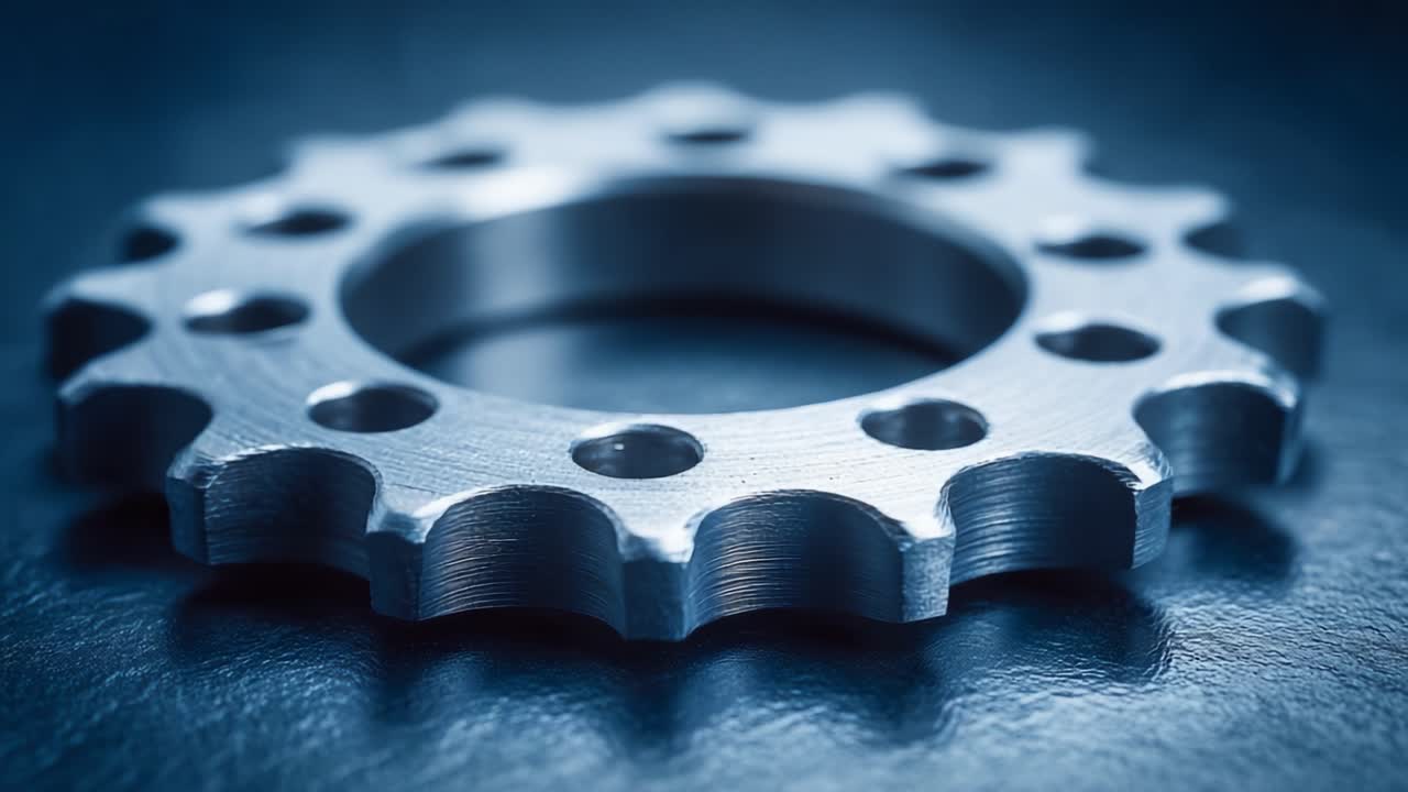 Close-Up of a Metal Sprocket with a Glossy Finish, Showcasing Its Detailed Teeth and Holes Against a Dark Background, Perfect for Mechanical Design Enthusiasts
