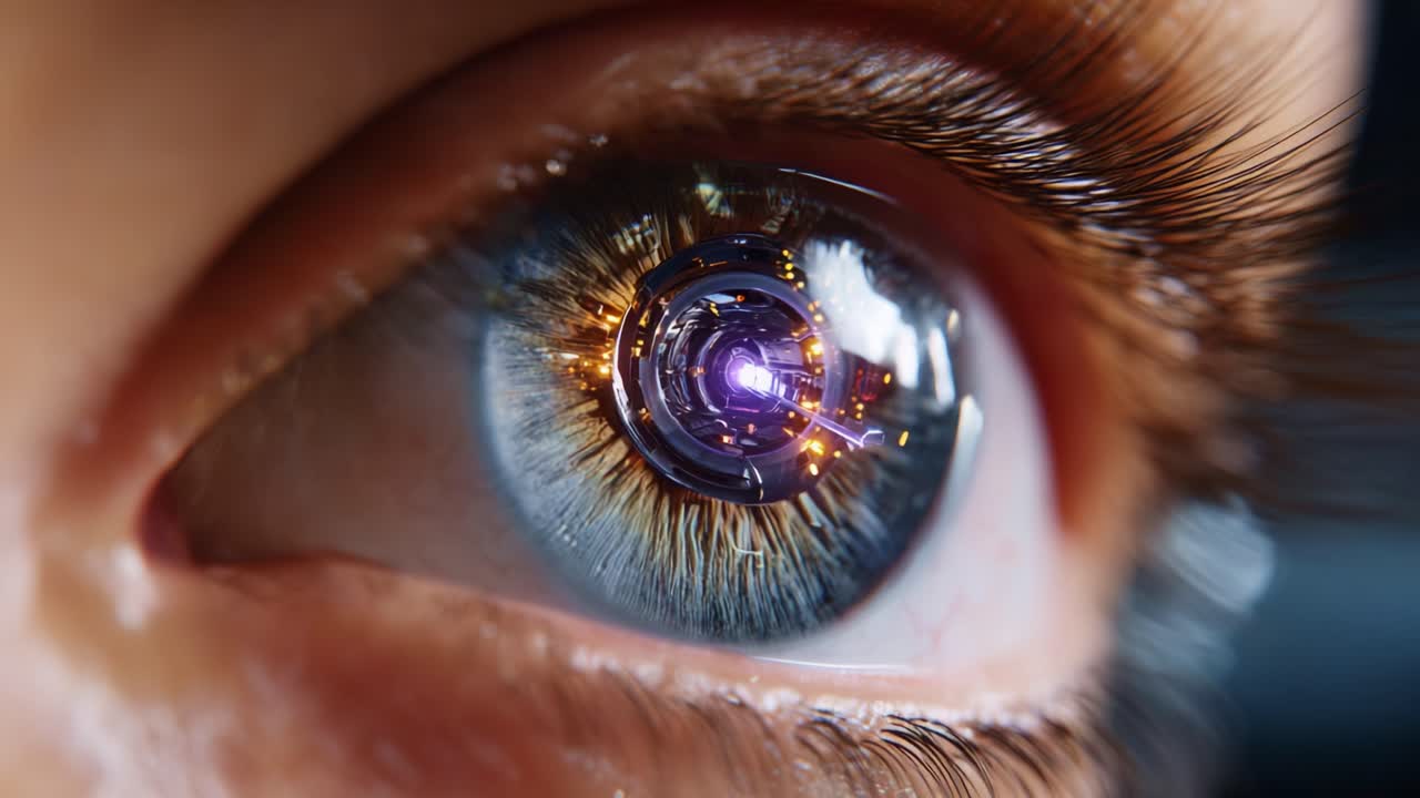 Primo piano di un occhio futuristico che mostra una tecnologia complessa, con luci brillanti che si riflettono nell'iride, enfatizzando un concetto avanzato di visione artificiale