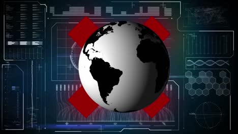 Animation-of-globe-rotating-over-interface-with-data-processing-and-red-x