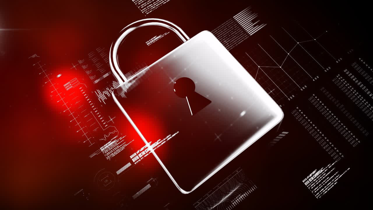 cerradura y agujero de llave con animación de procesamiento de datos de ciberseguridad sobre fondo rojo