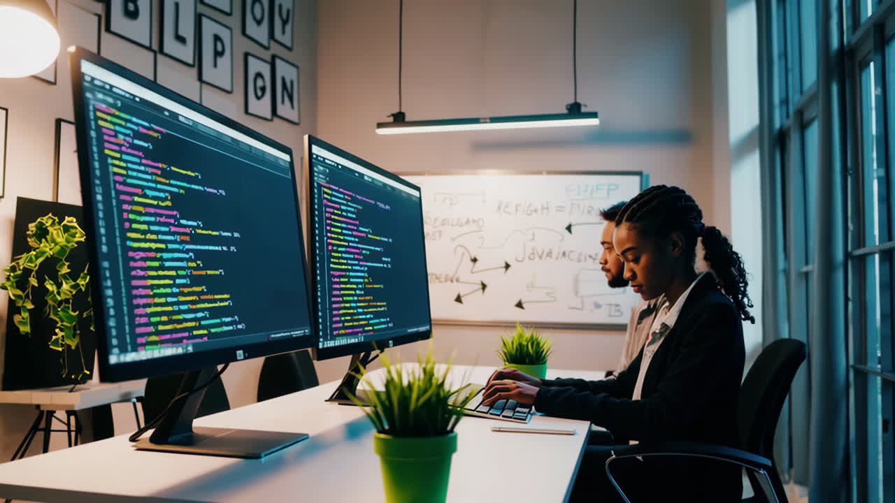 Developers Working on Code in a Modern Tech Office