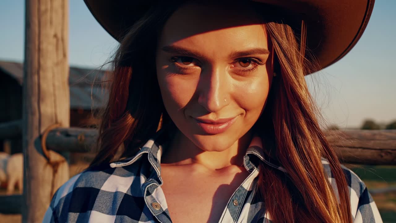 Young cowgirl wearing a stylish hat and a checkered shirt smiles brightly near a rustic fence at the ranch during golden hour, with a majestic horse grazing in the background