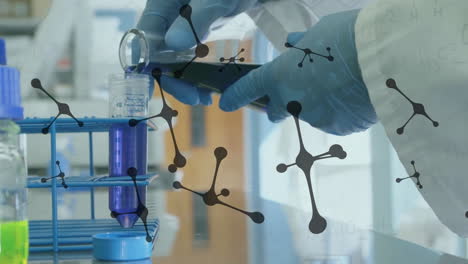 animation of nucleotides over cropped hand of caucasian researcher pouring chemical in test tube