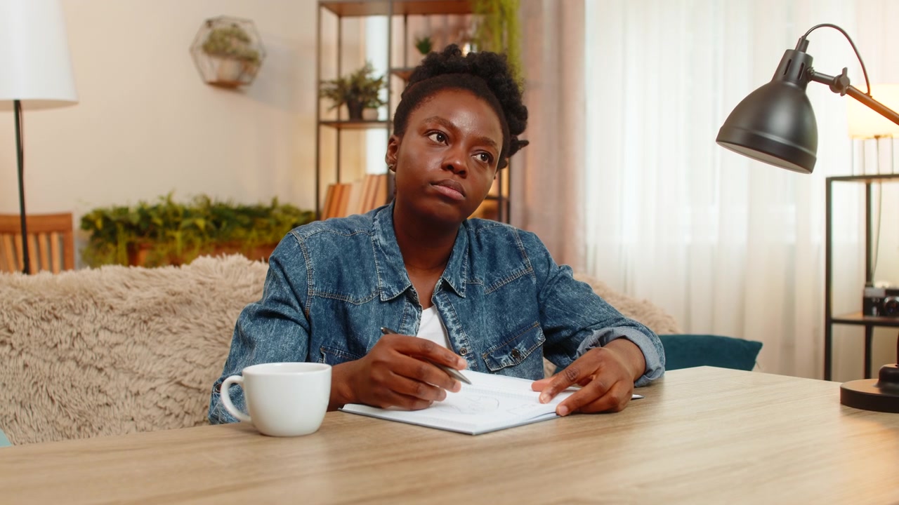 Wanita muda Afrika-Amerika pekerja lepas membuat sketsa desain logo di buku catatan di meja di rumah.