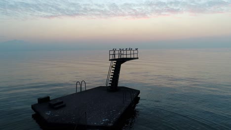 Toma-Aérea-De-Gaviotas-Despegando-Del-Trampolín-Al-Atardecer-Lago-Léman,-Lutry---Suiza