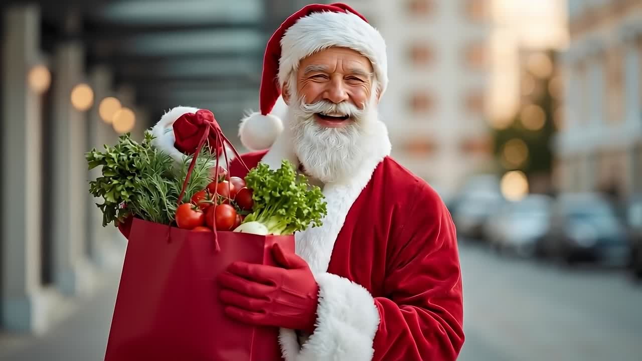 A man dressed as Santa Claus holding a red bag full of vegetables