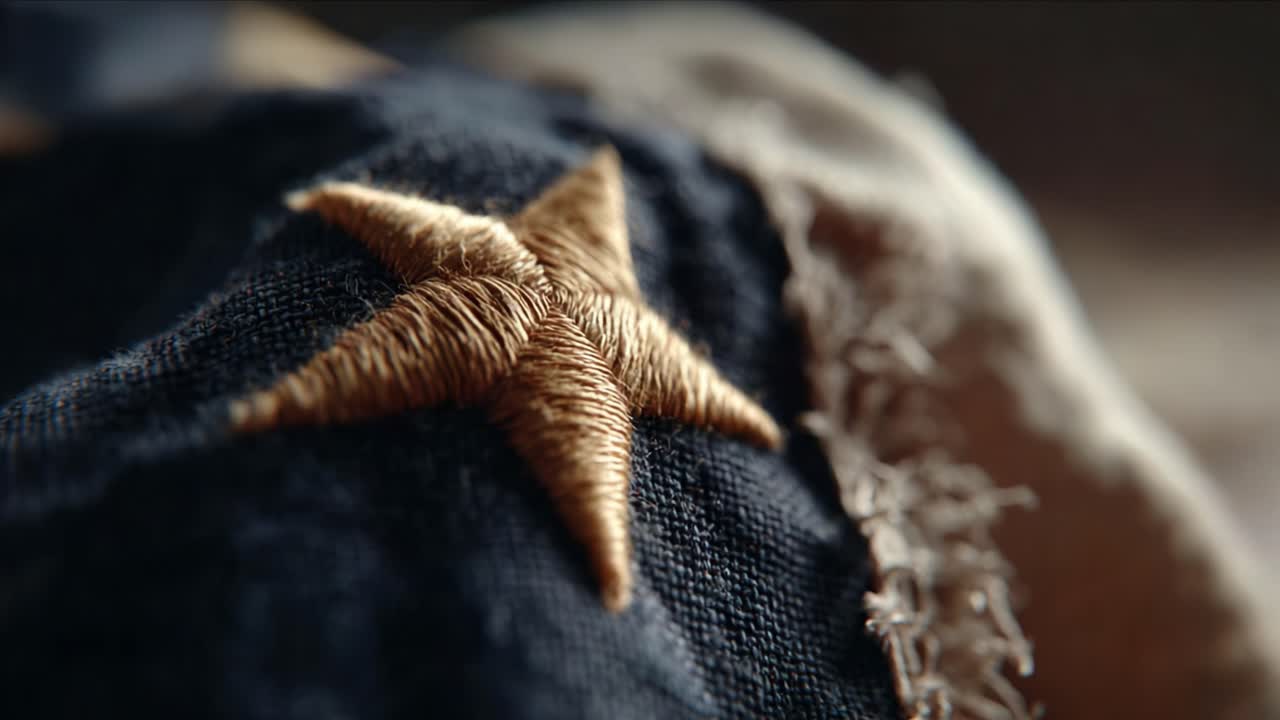 A Close-Up Perspective on a Worn Flag, Capturing the Detailed Stitching of a Star Against a Weathered Fabric Background in a Warm, Soft Lighting Setting