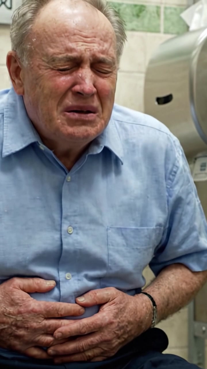A Man Experiencing Severe Discomfort, Holding His Stomach, Signifying Intense Pain or Illness in a Bathroom Setting, Capturing a Moment of Distress and Concern